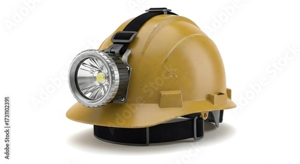 Fototapeta Yellow Industrial Hard Hat with Attached LED Headlamp, Essential Safety Equipment for Mining, Construction, and Dark Work Environments, Isolated on...