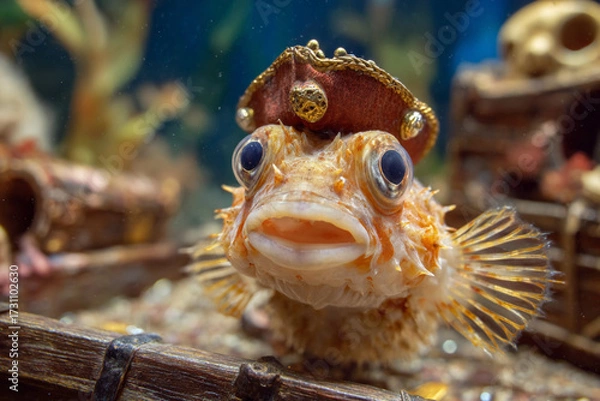 Obraz Unique fish wearing a pirate hat in underwater scene with treasure and marine life