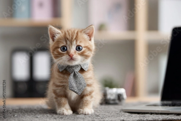 Fototapeta Cute kitten in a tie sitting on a gray carpet beside a laptop in a cozy home office setting