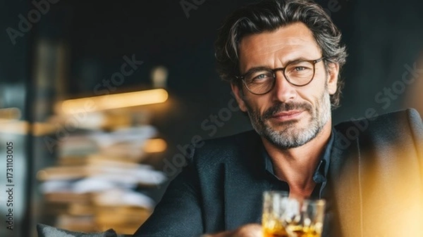Fototapeta Confident man with glasses, beard, and suit holding whiskey in modern office, warm lighting, relaxed and sophisticated mood