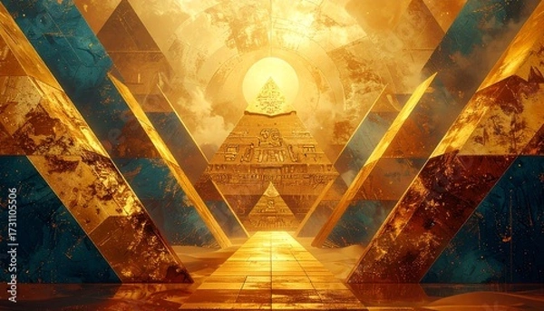 Fototapeta Golden Egyptian Pyramids and Hieroglyphs in a Surreal, Abstract Landscape