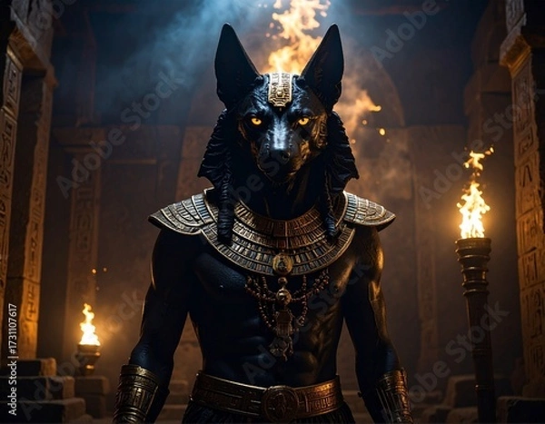 Fototapeta Powerful Egyptian God Anubis with Glowing Eyes in a Fiery, Torch-Lit Ancient Temple.
