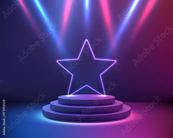 Fototapeta neon star stage with glowing spotlights on circular podium platform award ceremony concept vibrant showcase for modern product display