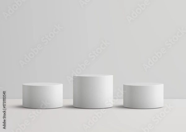 Fototapeta 3d podium mockup with three white cylindrical pedestals for product display background minimal stage design clean showroom neutral geometry template presentation