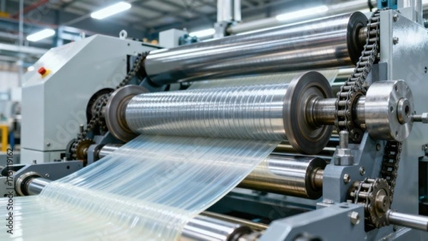 Fototapeta Industrial machine plastic film roller close up manufacturing factory production metal technology precision shiny automated process engineering