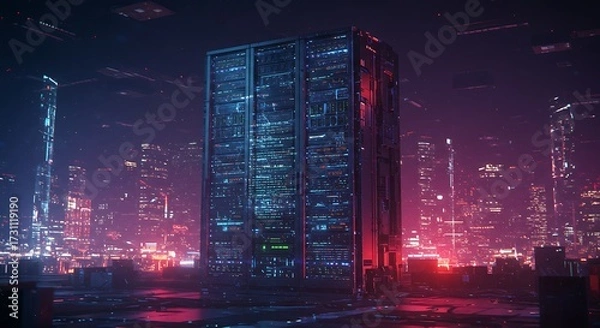 Fototapeta Server room infrastructure displayed in a futuristic city at night