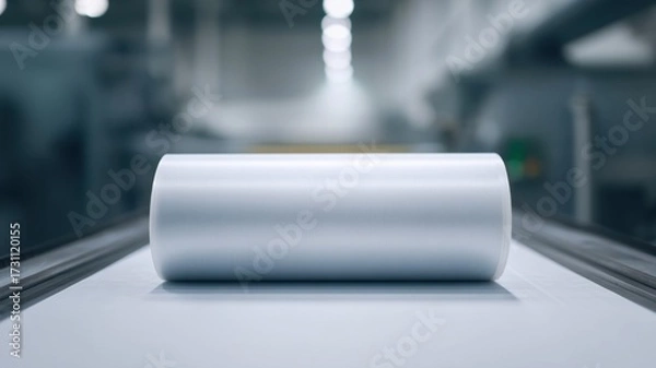 Fototapeta Industrial plastic film roll on conveyor, smooth surface, manufacturing process, modern factory, technology, efficiency, clean environment