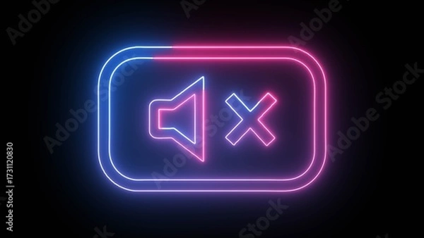 Obraz Glowing neon mute, no sound speaker icon animation on black background