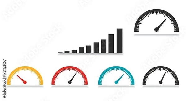 Fototapeta Set of speedometer icons and growing bar chart elements against white background