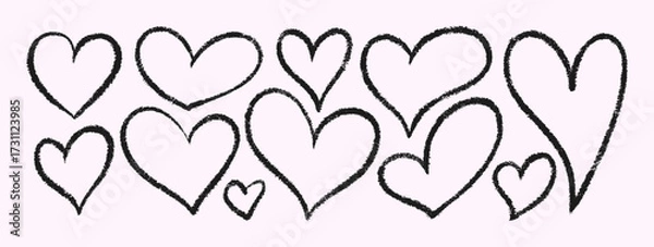 Fototapeta Crayon Hearts. Vector Chalk and Pencil Heart Shape in Black Color. Hand Drawn Doodle Love Icon Set in Kids Style for Web Design, Patterns, Logos, Valentines Day Cards