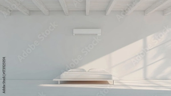 Fototapeta Minimalist Bedroom Design with Large Window and Air Conditioning Unit in Bright, Airy Space