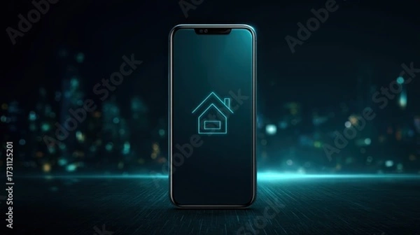 Fototapeta Modern Smartphone with House Icon on Screen Against Dark City Background, Digital Technology Concept