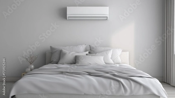 Fototapeta Modern and Minimalist Bedroom Design with Air Conditioning Unit on Neutral Grey Wall