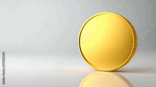 Fototapeta Golden Coin on Smooth Surface with Reflection and Subtle Background Lighting for Financial and Business Concepts