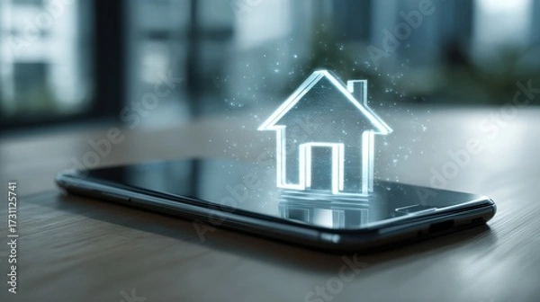 Fototapeta Digital Home Icon Displayed on Smartphone Screen in Contemporary Workspace Environment with Modern Aesthetic Appeal