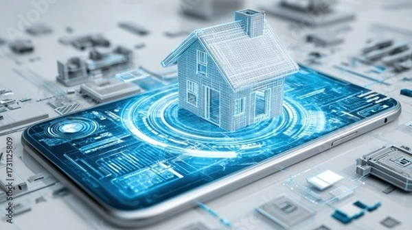 Fototapeta Digital Technology Concept of Smart Home Design on Smartphone with 3D House Model and Cityscape Background