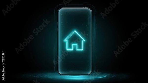 Fototapeta Futuristic Smartphone with Glowing House Icon on Black Background for Digital Home Technology Concept