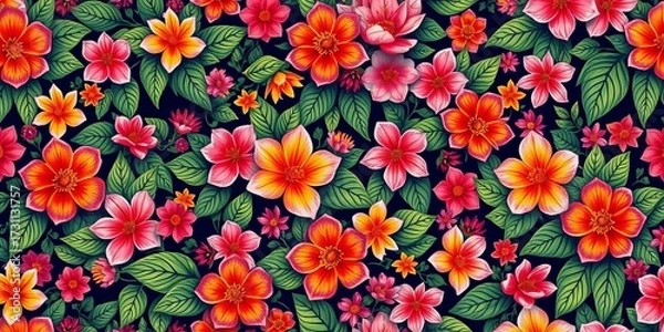 Obraz Intricate, continuous floral pattern with vibrant blooms and lush leaves, image, light