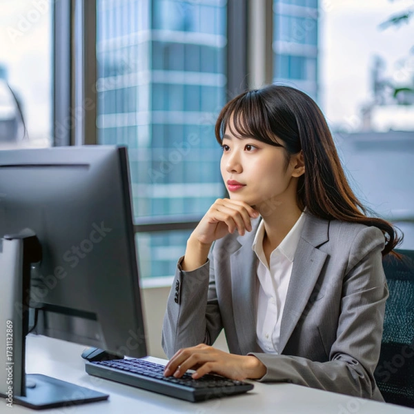 Fototapeta パソコンを見て考える若いビジネスウーマン