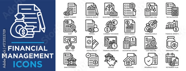 Fototapeta financial management, finance, management, business, investment, financial icon set. Outline icons collection. Simple vector illustration	