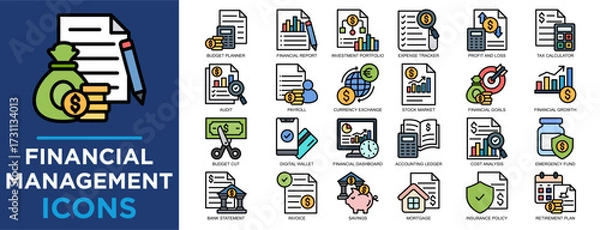 Fototapeta financial management, finance, management, business, investment, financial icon set. Outline icons collection. Simple vector illustration	