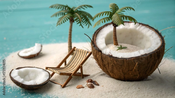 Fototapeta Tropical beach concept with coconut, palm trees, and a chair. Creative and minimalist summer idea. Coconut cocktail on the beach.