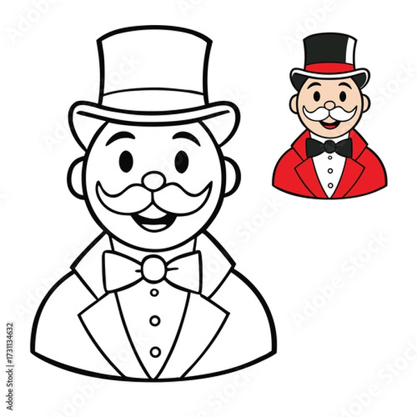 Fototapeta A fun Monopoly Guy coloring page featuring the classic character with his top hat, mustache, and suit, perfect for adding creativity and color to this iconic figure.

