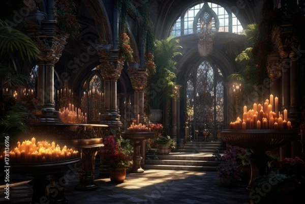 Fototapeta Dark gothic decor, vases, chandeliers, textured fabrics against the wall, a wooden table in a luxurious royal Victorian style, burning candles in old lanterns