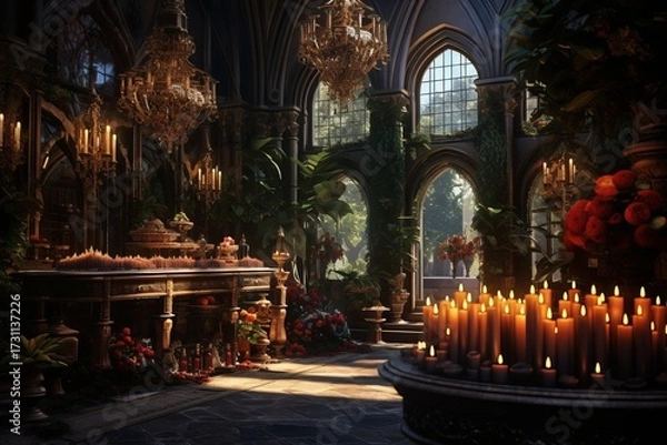 Fototapeta Dark gothic decor, vases, chandeliers, textured fabrics against the wall, a wooden table in a luxurious royal Victorian style, burning candles in old lanterns