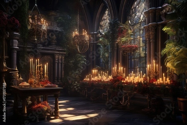 Fototapeta Dark gothic decor, vases, chandeliers, textured fabrics against the wall, a wooden table in a luxurious royal Victorian style, burning candles in old lanterns