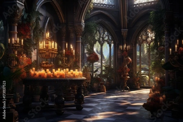 Fototapeta Dark gothic decor, vases, chandeliers, textured fabrics against the wall, a wooden table in a luxurious royal Victorian style, burning candles in old lanterns
