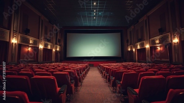 Fototapeta Empty Movie Theater Auditorium with Red Seats, Stage Screen, and Dim Lighting Before Show