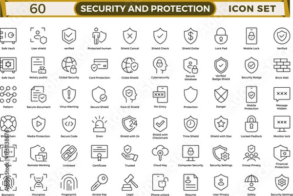Fototapeta Security & Protection outline icon set. Data protection symbol. Secured network icon collection.Safety, security, protection thin line icons.For website marketing design, logo, app, UI, etc. 
