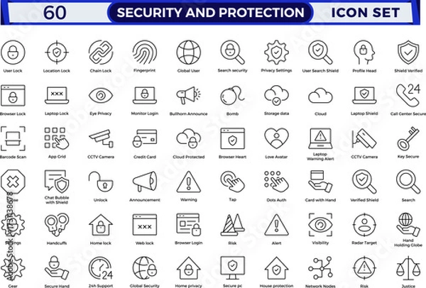 Fototapeta Security & Protection outline icon set. Data protection symbol. Secured network icon collection.Safety, security, protection thin line icons.For website marketing design, logo, app, UI, etc. 
