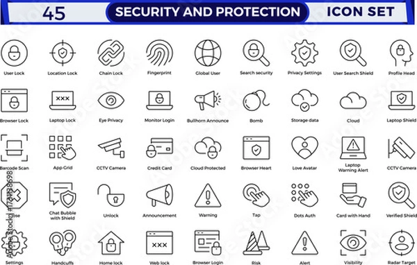 Fototapeta Security & Protection outline icon set. Data protection symbol. Secured network icon collection.Safety, security, protection thin line icons.For website marketing design, logo, app, UI, etc. 
