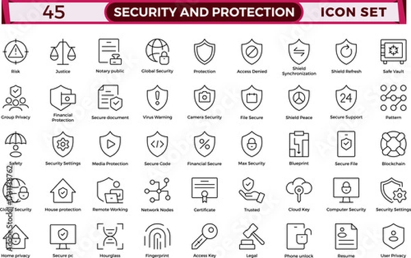 Fototapeta Security & Protection outline icon set. Data protection symbol. Secured network icon collection.Safety, security, protection thin line icons.For website marketing design, logo, app, UI, etc. 
