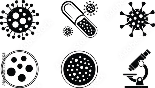 Fototapeta Microbiology science icons set with virus, capsule, petri dish, microscope for medical research, infection control, and pharmaceutical design
