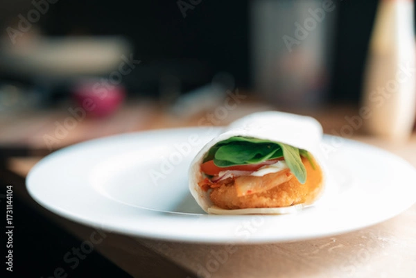 Fototapeta Chicken wrap on kitchen bench with tomato, spinach and kimchi
