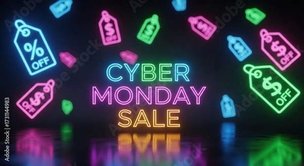 Obraz Neon Sale Sign with price tags and discount offers, shopping concept
