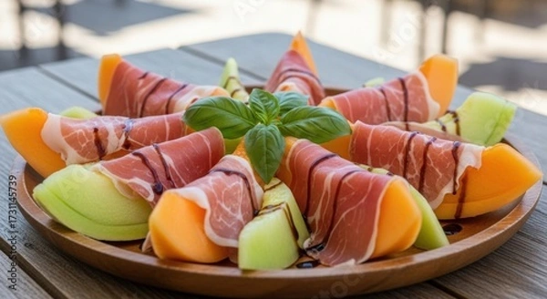 Fototapeta Fresh melon slices wrapped with prosciutto and balsamic glaze.