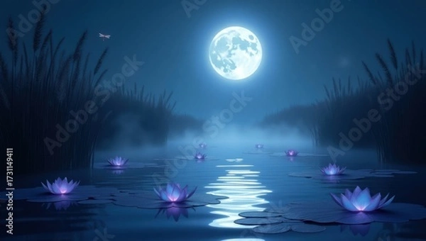 Fototapeta Moonlit crystal lagoon surrounded by luminous reeds and shimmering dragonflies darting across the water