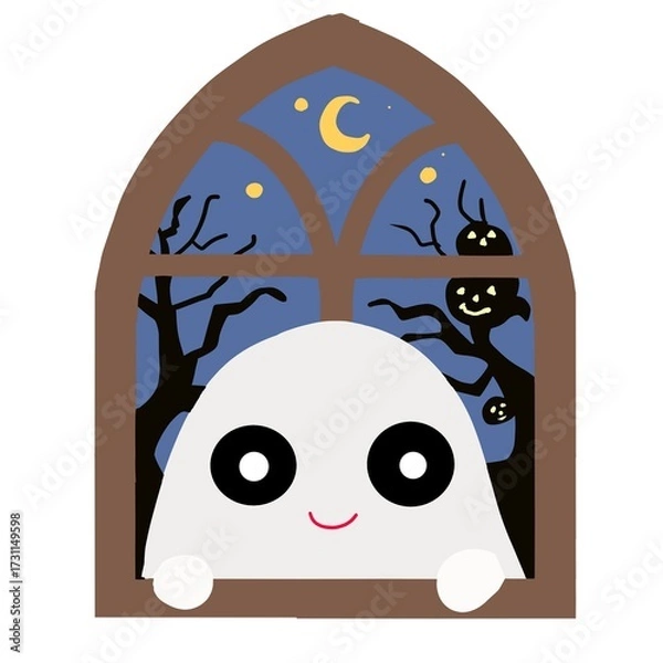 Fototapeta ハロウィンフレーム：ゴーストが窓から覗いている
