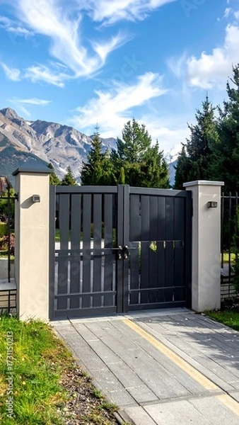Obraz Modern gray gate with stone pillars, leading to a paved pathway, set against a backdrop of mountains and greenery