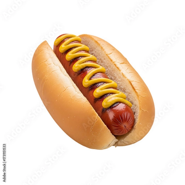 Fototapeta Juicy grilled hot dog with classic yellow mustard drizzle in a soft bun, perfect for any summer gathering.