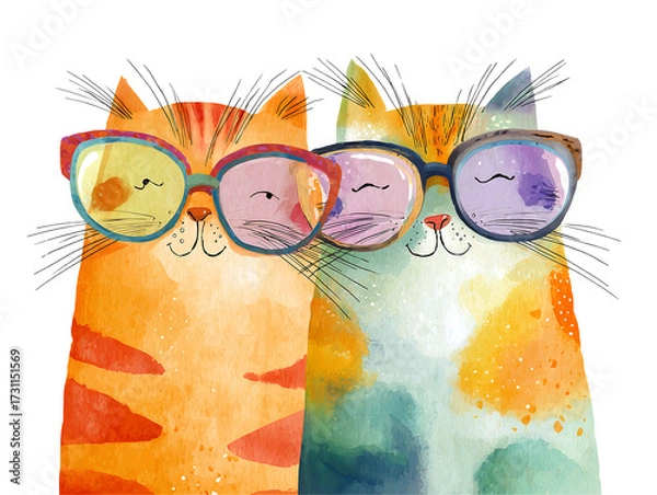 Fototapeta Two adorable watercolor cats wearing colorful eyeglasses radiate joy and friendship, perfect for charming designs.