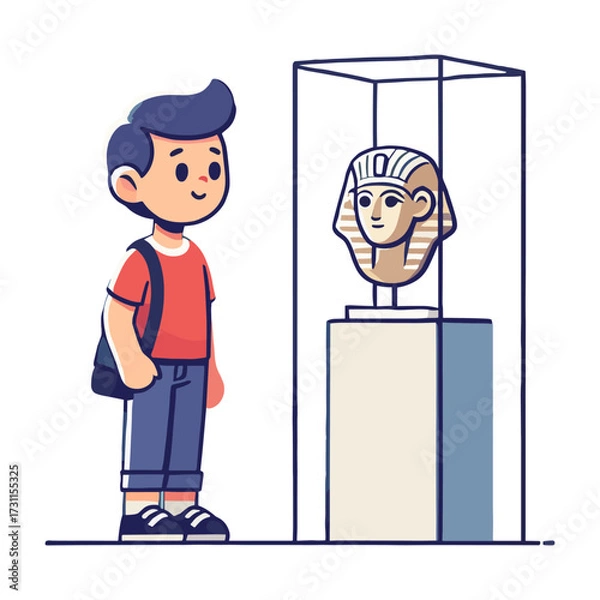 Fototapeta Boy Watching Ancient Sphinx Sculpture in Glass Display Case Inside Museum