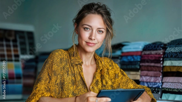 Fototapeta A woman entrepreneur using a tablet, sitting in her workshop with colorful textiles and patterns in the background