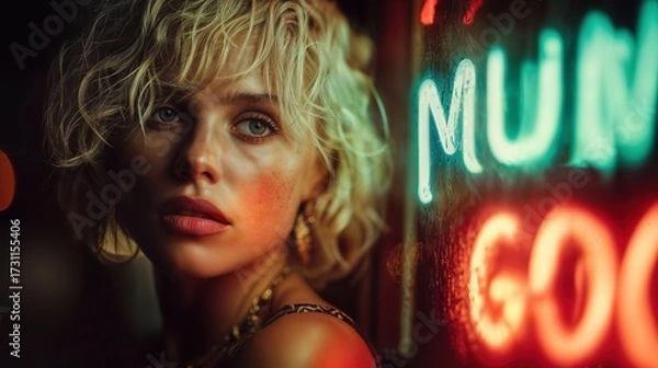 Fototapeta A portrait of a blonde woman in a neon-lit setting with the word MUM in a neon lights background