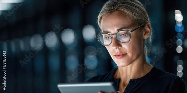 Fototapeta Smart woman is working with a tablet. A professional woman, engrossed in her work, utilizes a tablet