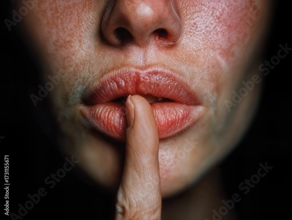Fototapeta A close-up shot shows a person's face, with a finger pressed against their lips, suggesting silence or secrecy